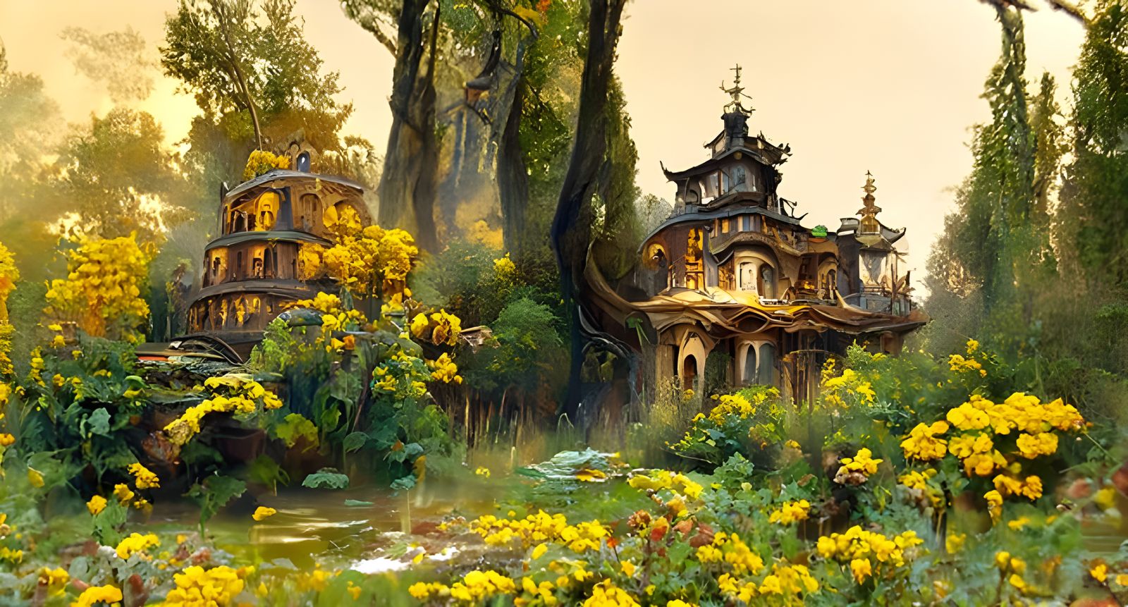 Bee Mansion in Overgrown Vista: Detailed Landscape Painting