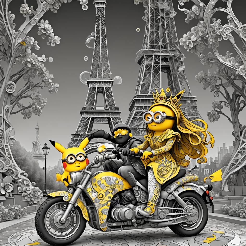 Minion, Princess, and Pikachu Ride Near Eiffel Tower