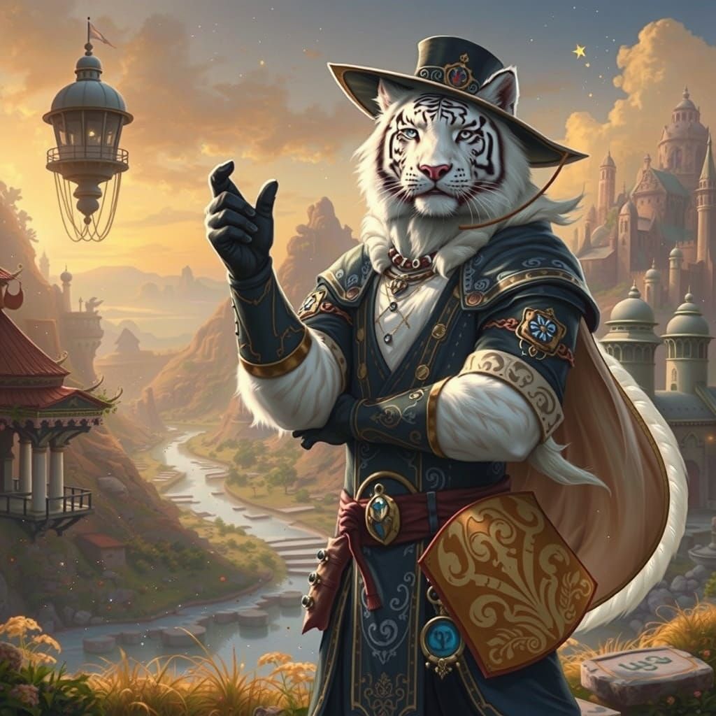 Regal Tabaxi Bard Invites the Viewer to Adventure