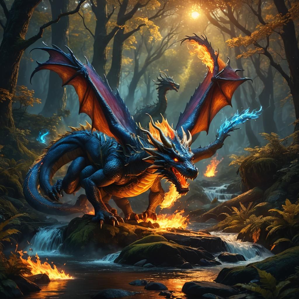 Magnificent Dragon's Fiery Breath in Mystical Forest