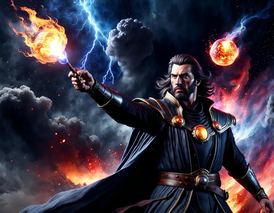 Dark Sorcerer Casts Fireball in Watercolor Painting