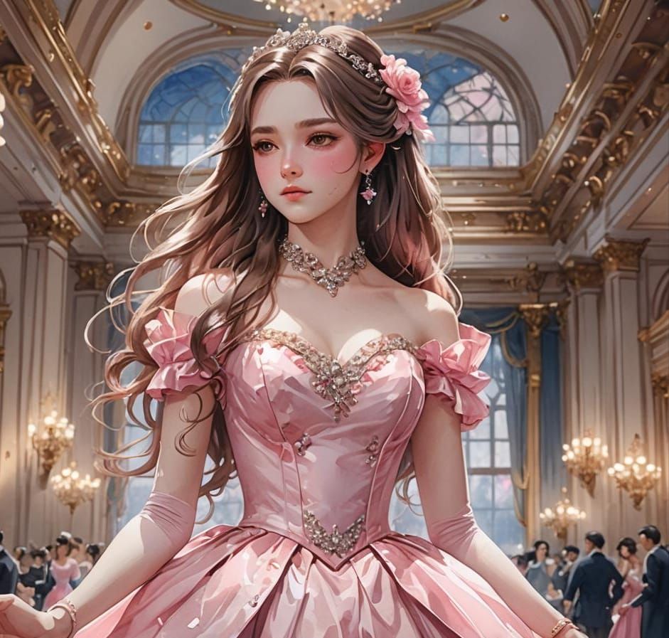 Anime Girl in Pink Ballgown Watercolor