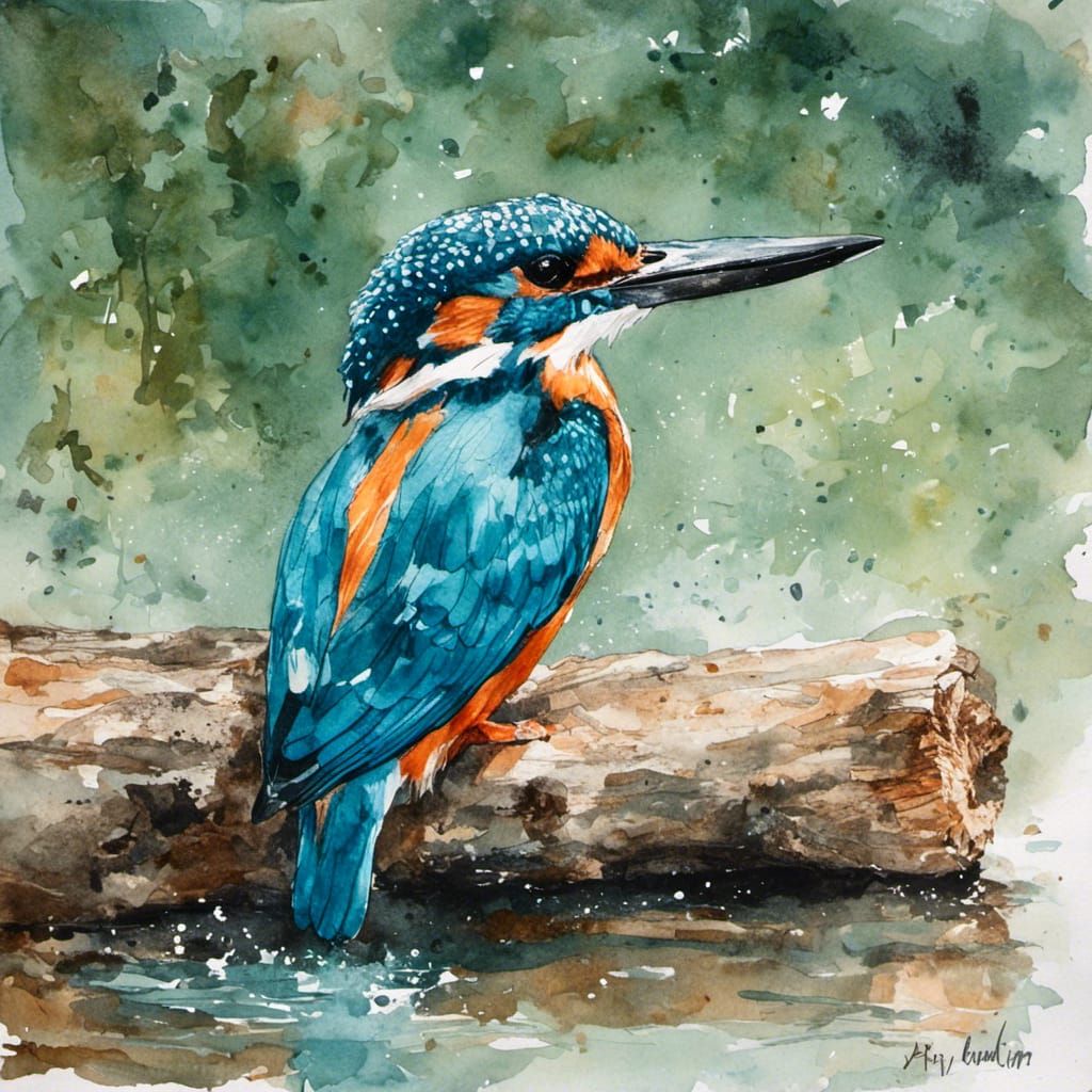 Kingfisher on Log in Water, Painting Style