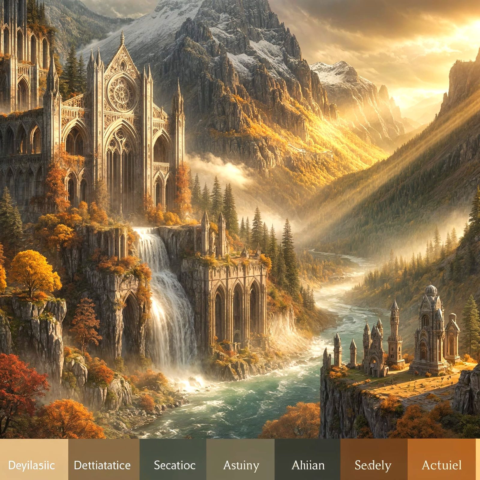 Gothic Architecture and Waterfall on Autumn Mountain