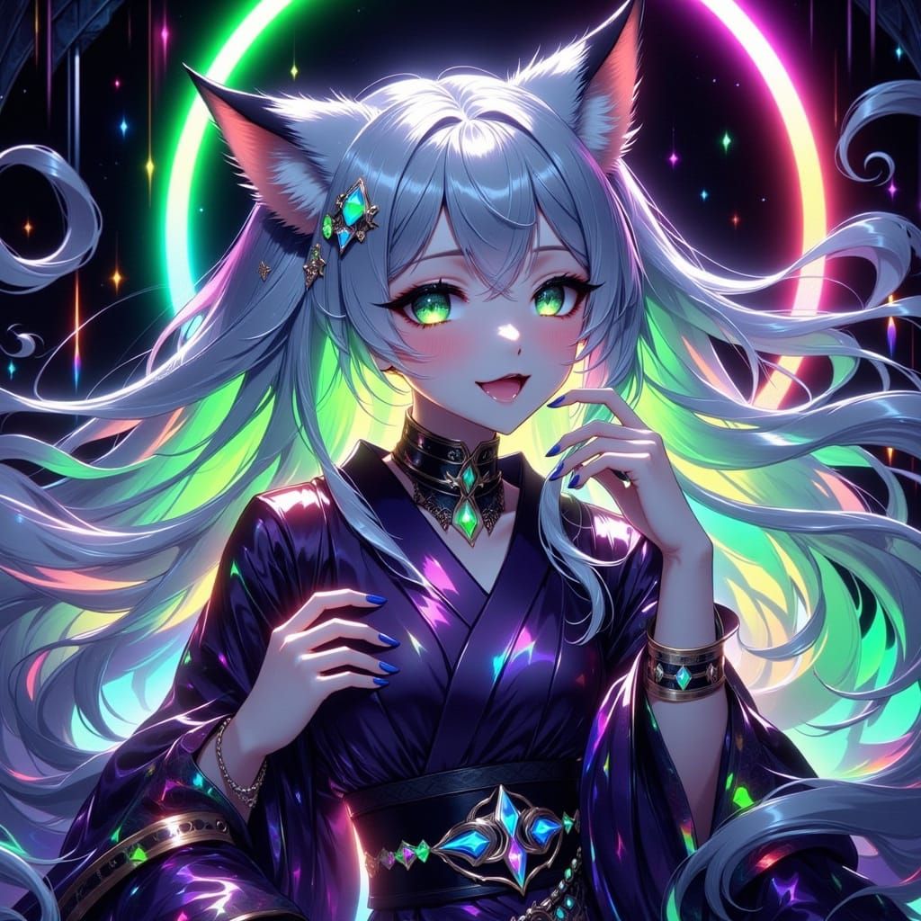 Anime Fox Woman in Dark Purple Kimono, Holographic Environme...