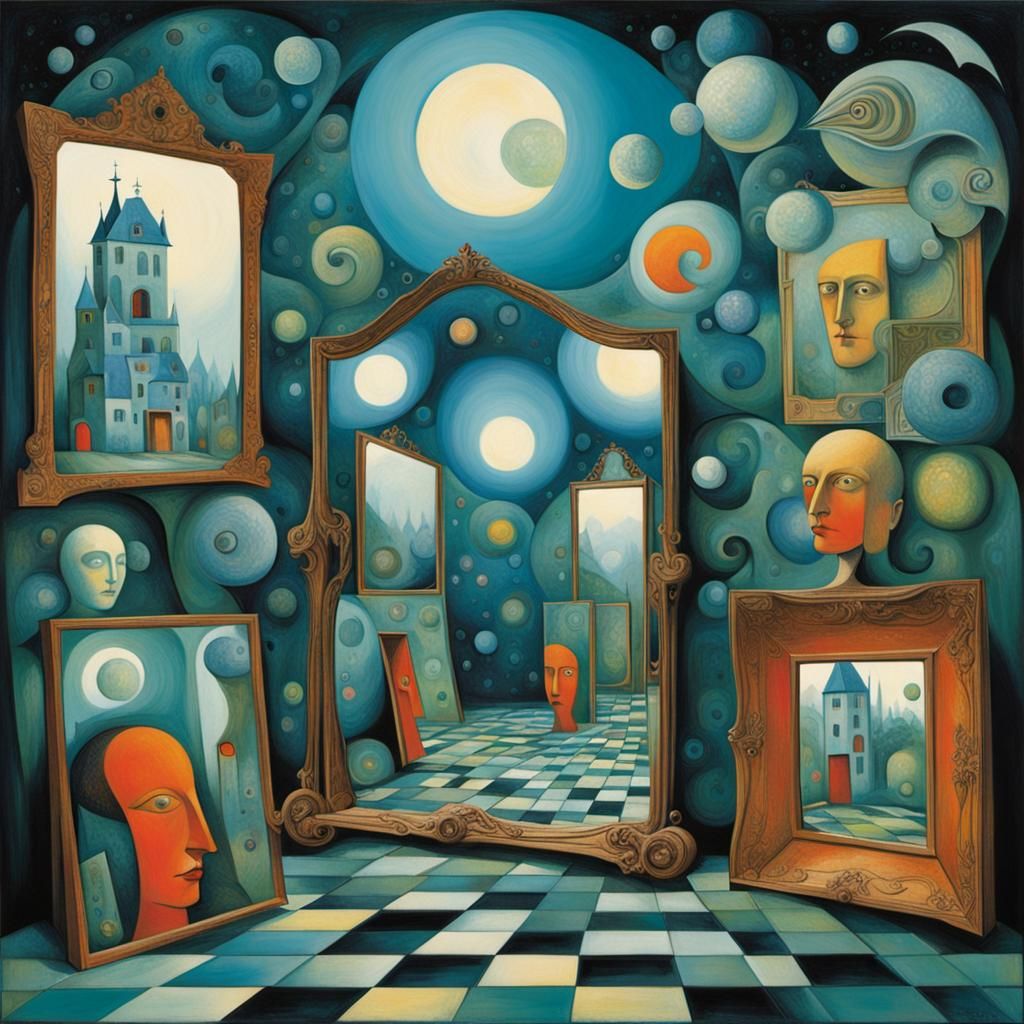 Infinite Mirror in Surreal Cubist Style