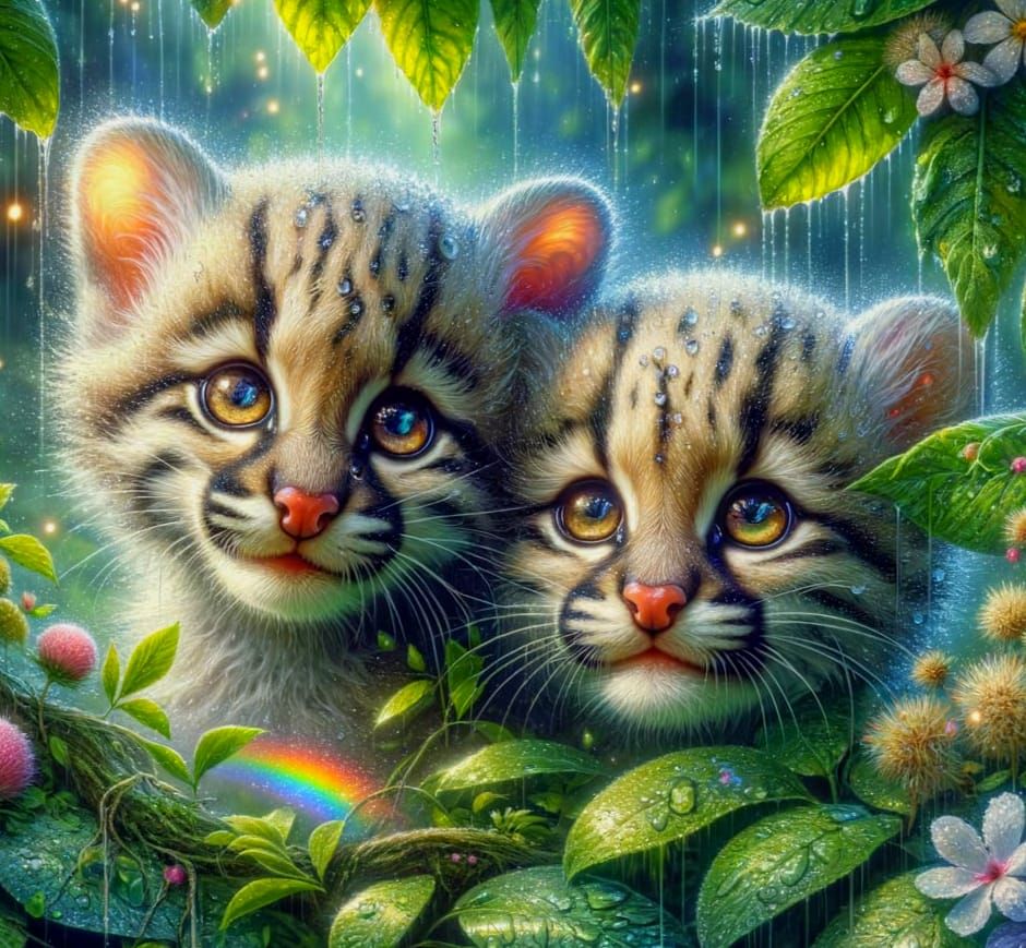 Ocelots in Rainy Jungle, Watercolour Oil Painting