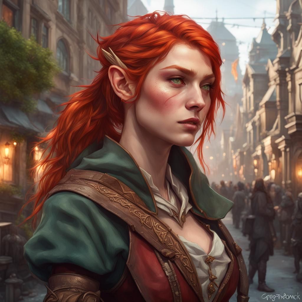 Redhead Elf Rogue Bard in City: Detailed Portrait