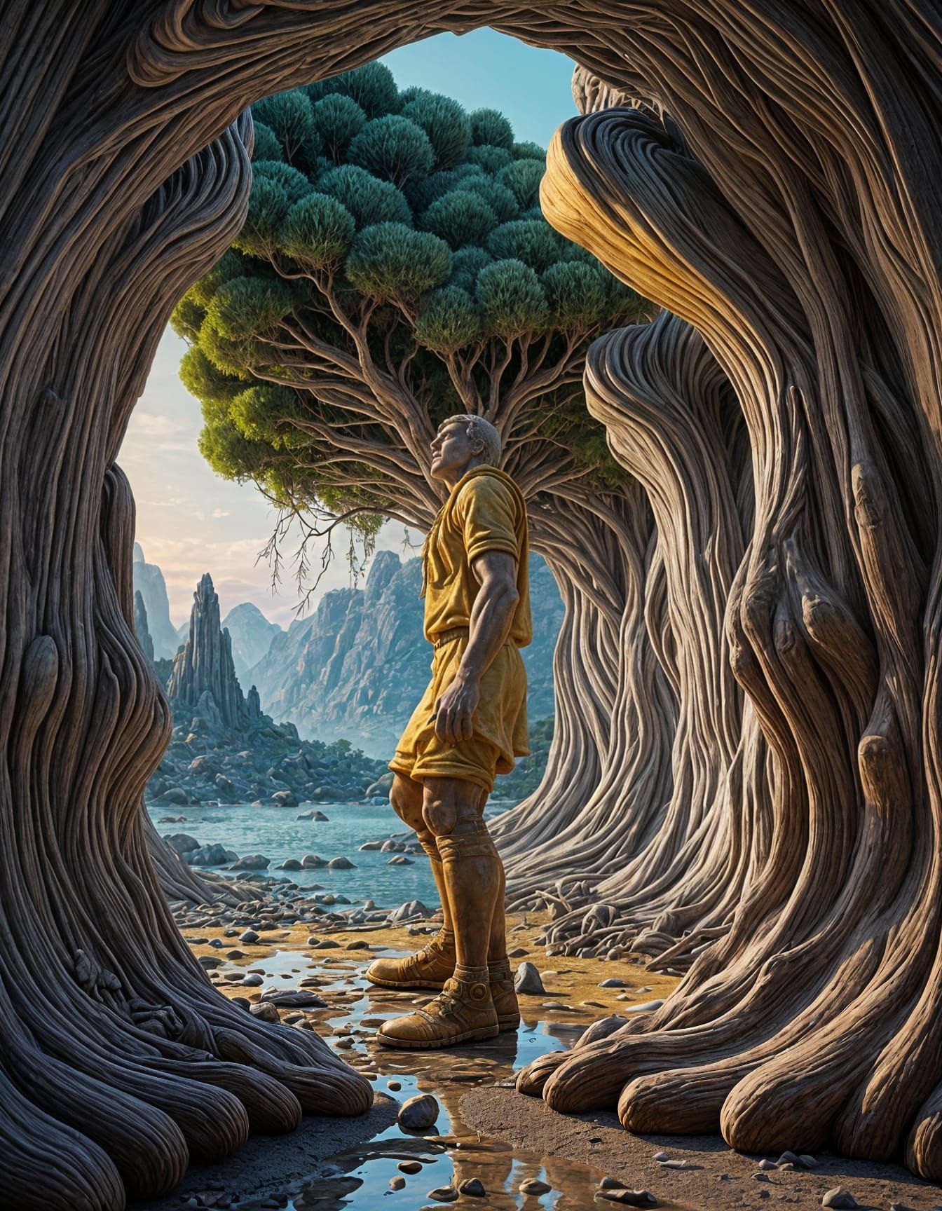 Dreamlike Vignette of Men in a Softly Lit Post-Apocalyptic L...