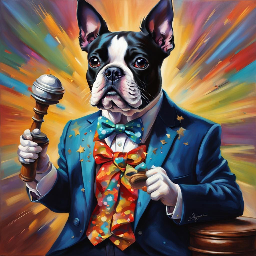 Boston Terrier Auctioneer in Hyperrealistic Splash Art