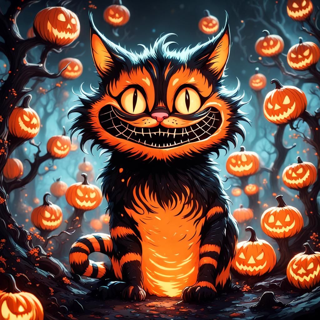 Bioluminescent Cheshire Cat Ghost in Spooky Graveyard
