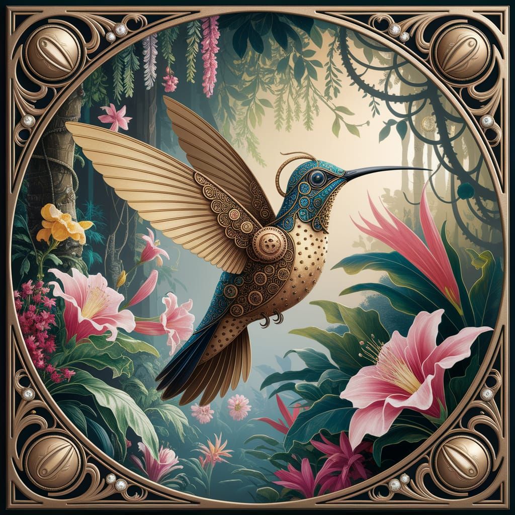 Clockwork Hummingbird in Jungle, Art Nouveau Digital Paintin...