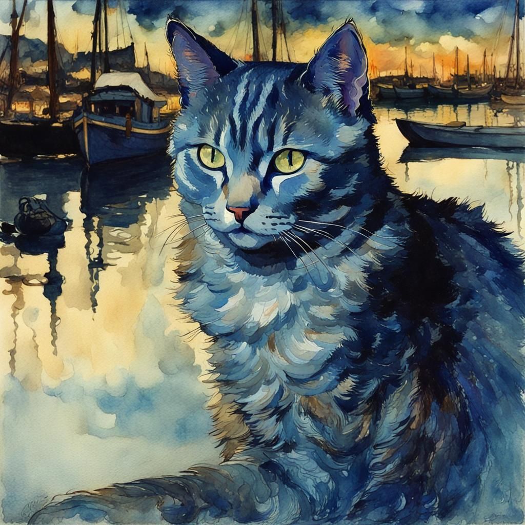Cat Posing at Shadowy Harbor in Watercolor Style
