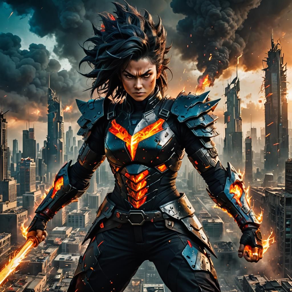 Fiery Super Saiyan Warrior in Dystopian Cityscape