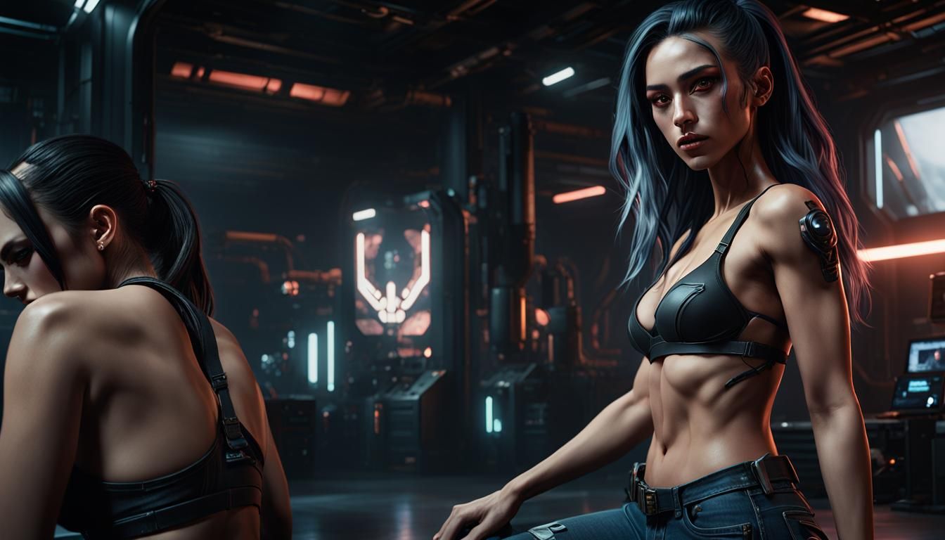"Future garage" girl portrait of the cyberpunk 2077: arafed woman in a black bra top and jeans posing in a dark room, i...