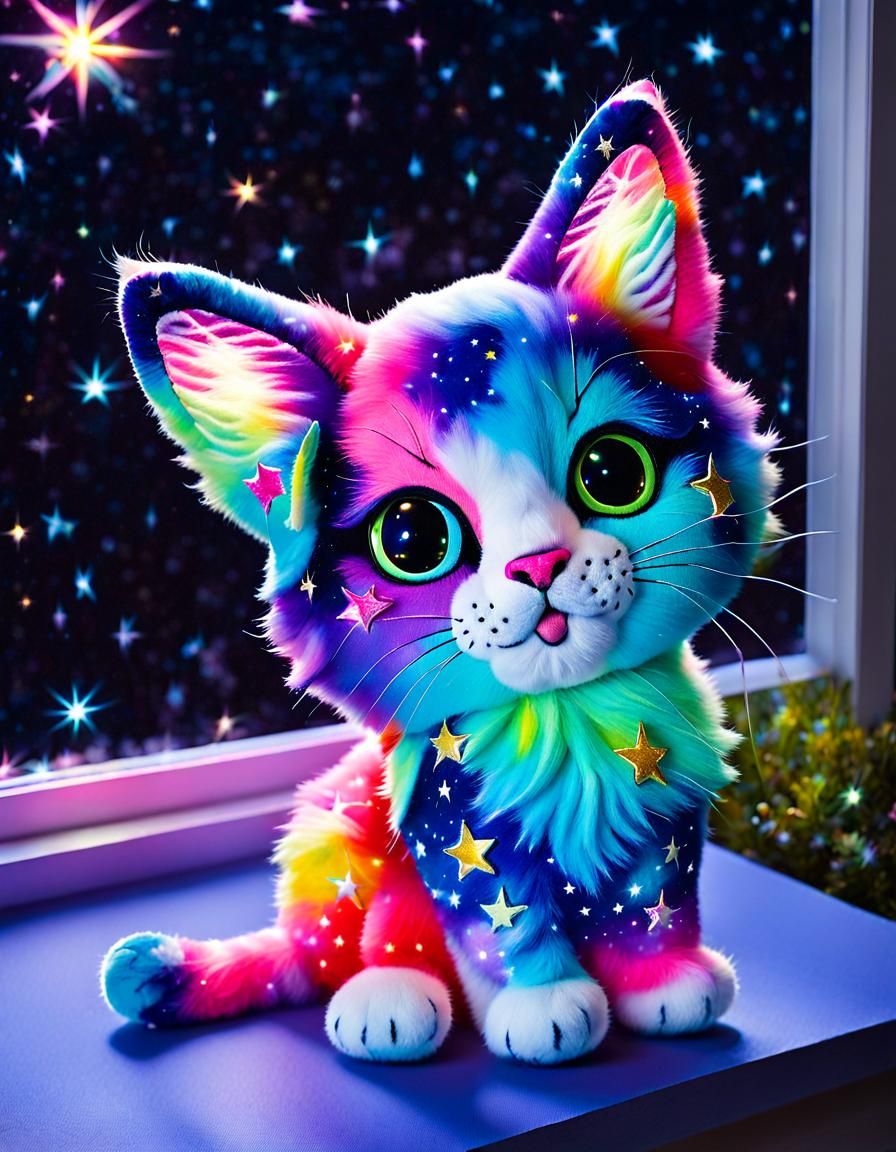 Whimsical Galaxy Cat Plush Toy on Windowsill