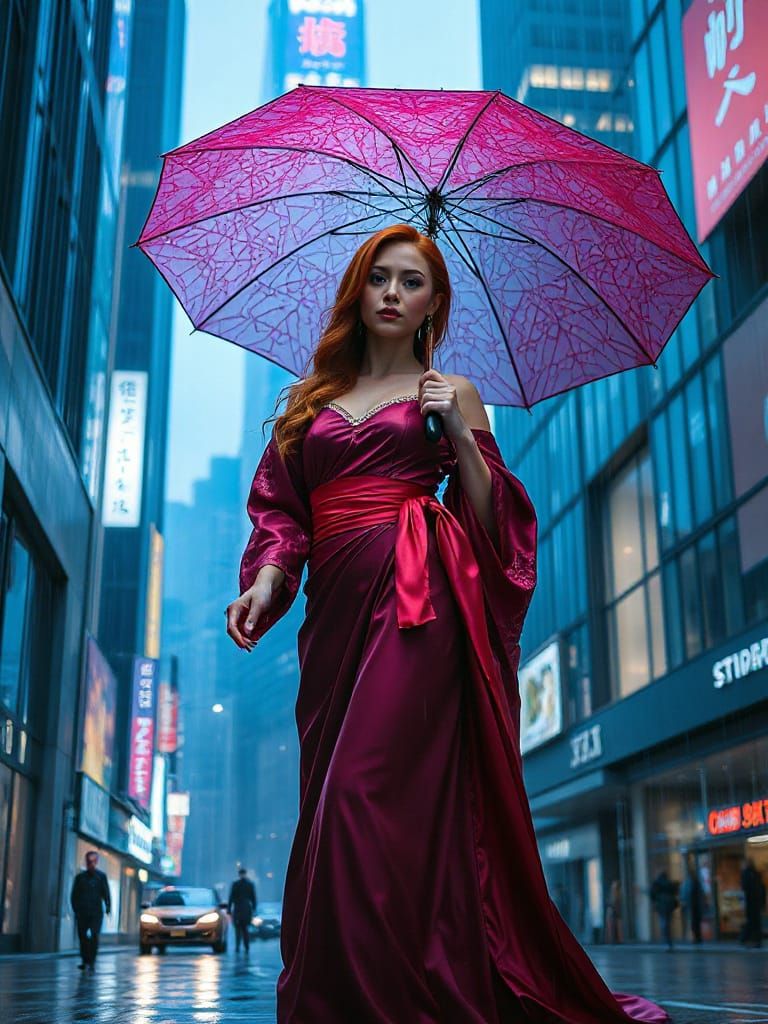 Redhead Princess in Silk Dress Amidst Neon Dystopian City