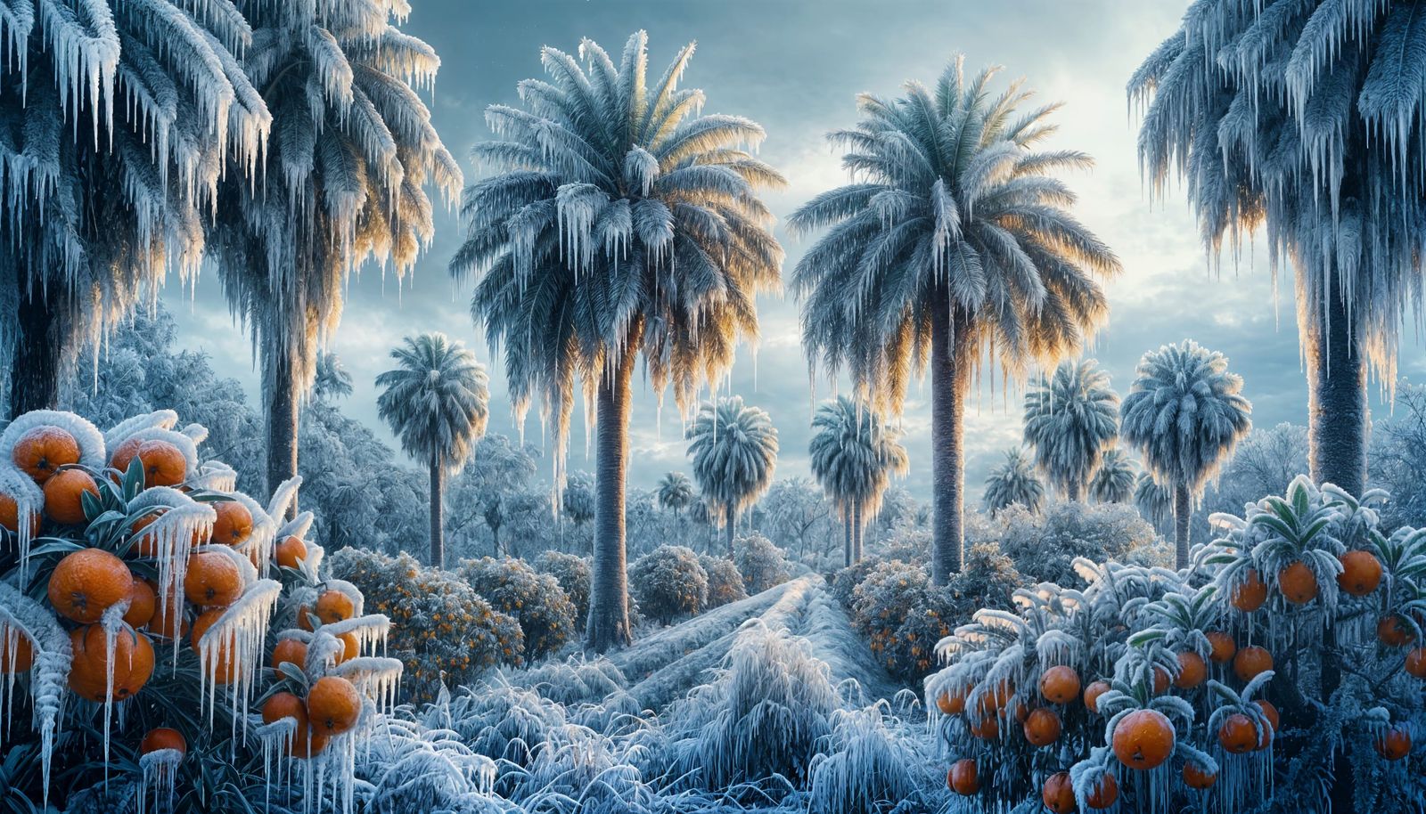 Florida's iconic palm trees encased in crystalline ice, dram...