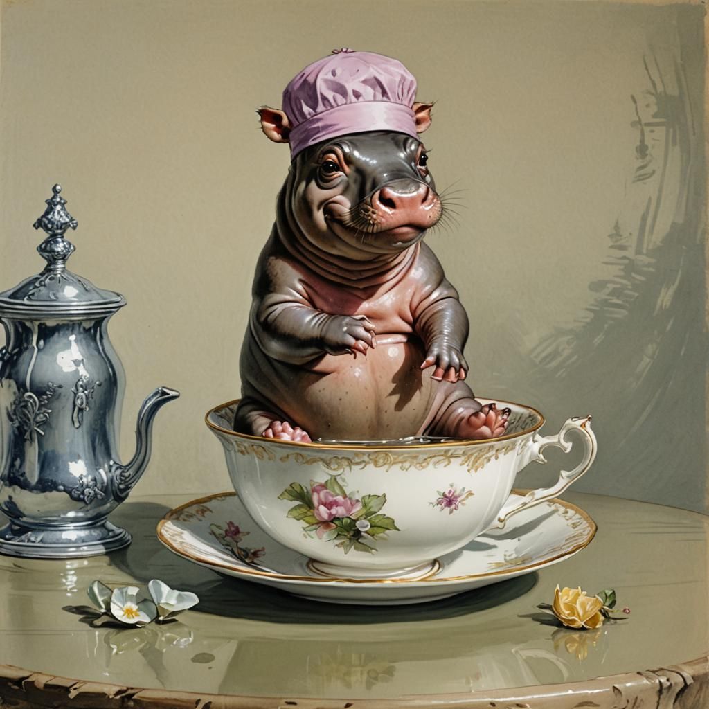 Heinrich Kley painting of a tiny hippopotamus wearing a bath...