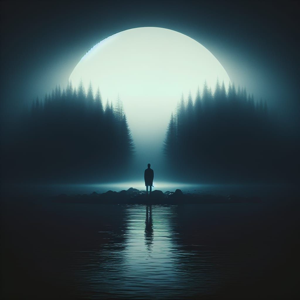 Surreal Silhouette by a Misty Lake