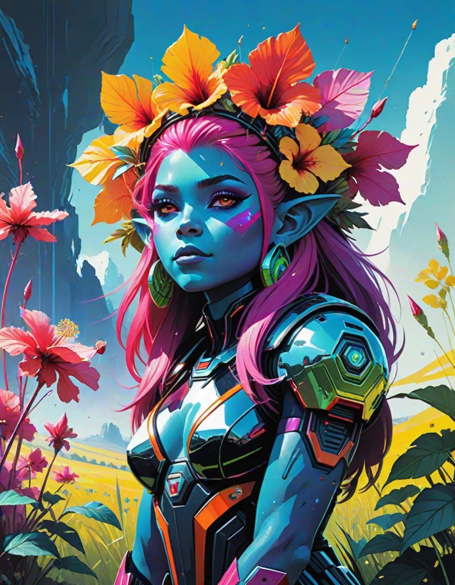 Rainbow Troll with Crystal Hibiscus, Watercolor Splash Art