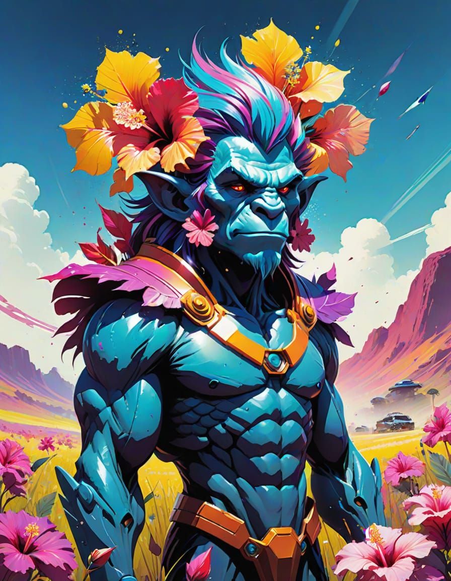 Rainbow-Haired Troll with Hibiscus Crown, Watercolor Art