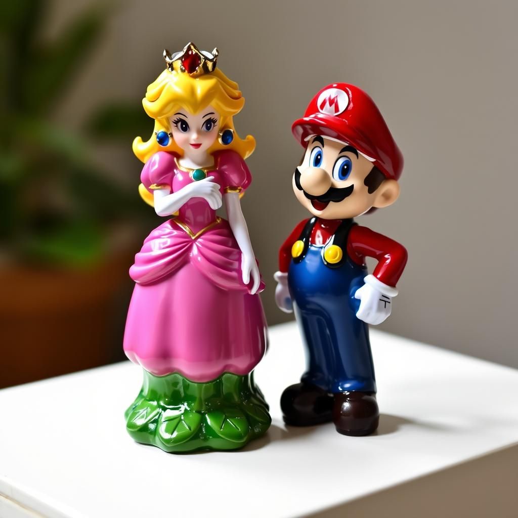 Enameled Glass Figurine of a beautiful Princess Peach and Super Mario