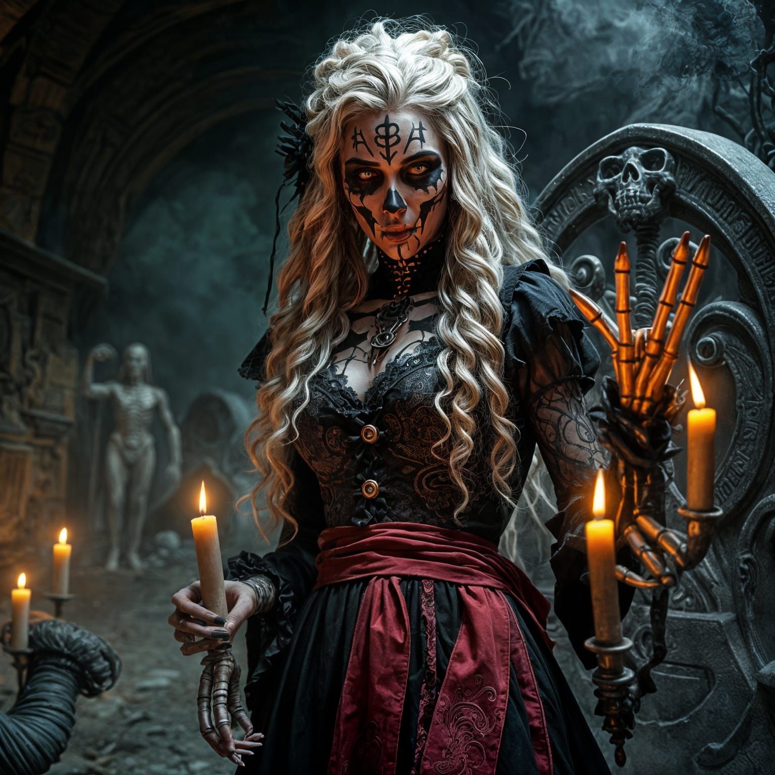 Menacing Voodoo priestess with long curly white hair and ske...