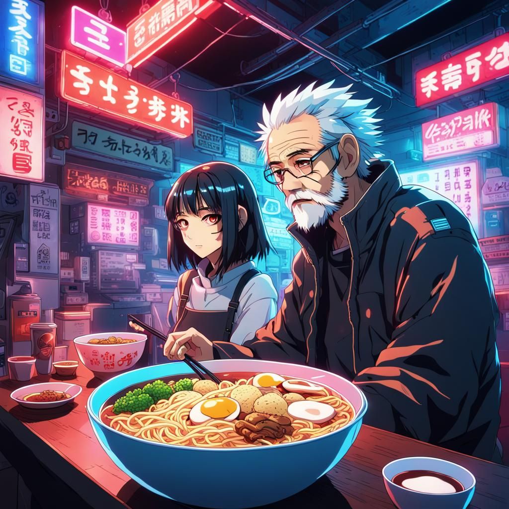 Cyberpunk Ramen Shop Scene in Anime Style
