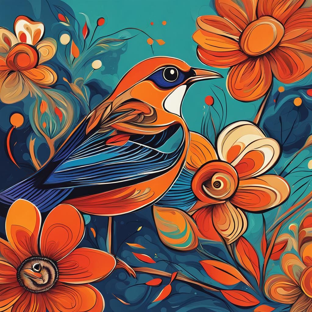 Abstract Bird on Flower with Complementary Colors