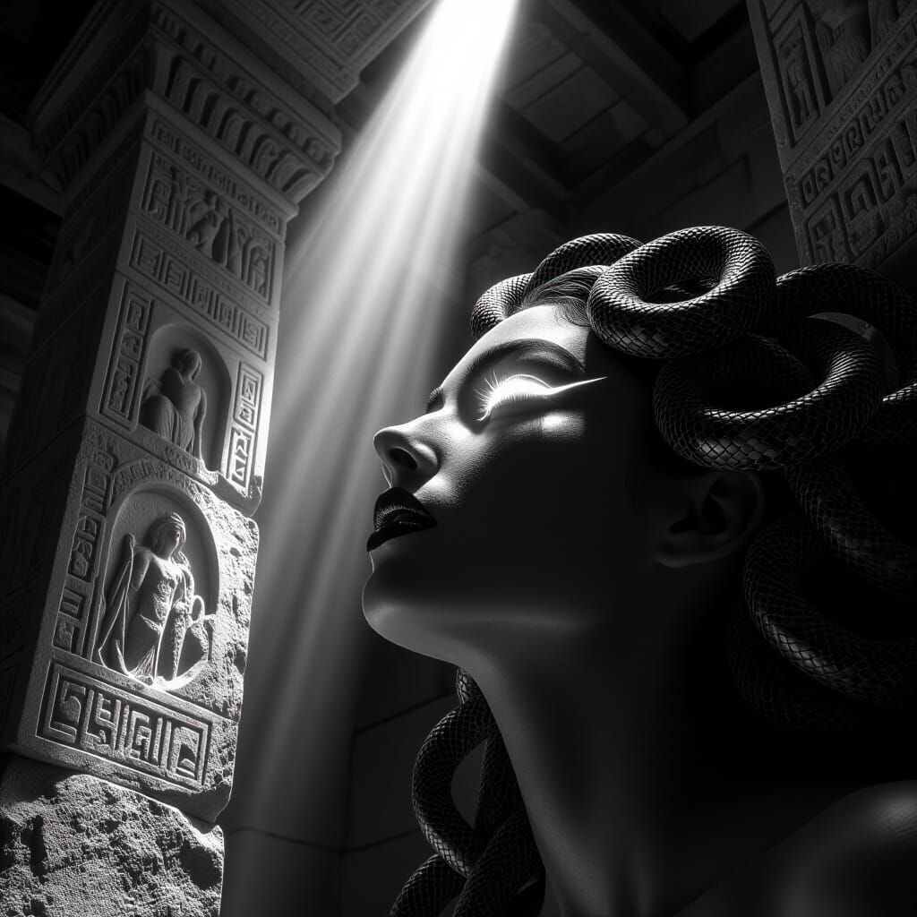Medusa's Gaze: Mythical Woman with Snake Hair in Stone Templ...
