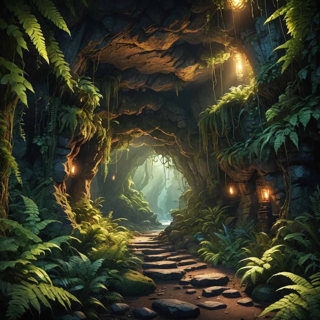 Hidden Cave Entrance Framed by Glowing Crystals