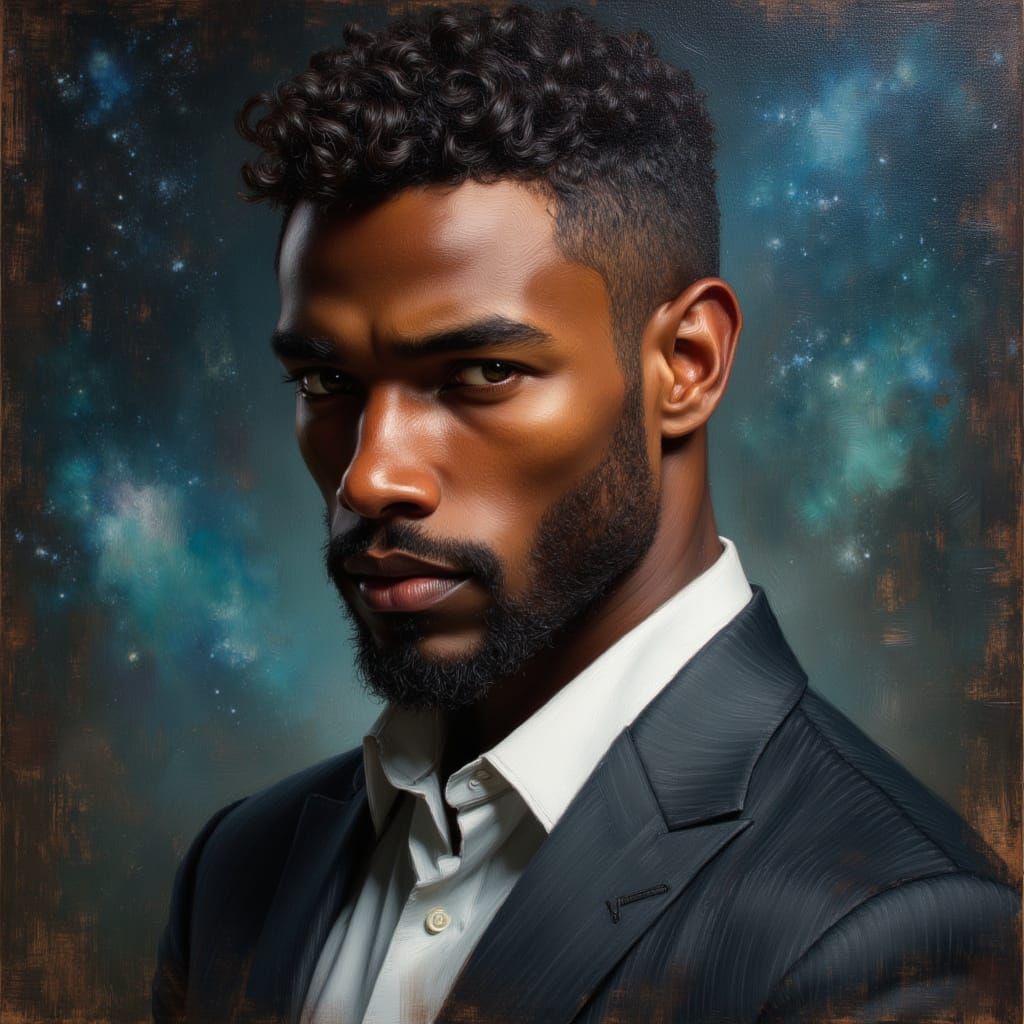 Black Male God King in Nebula, Vogue Style
