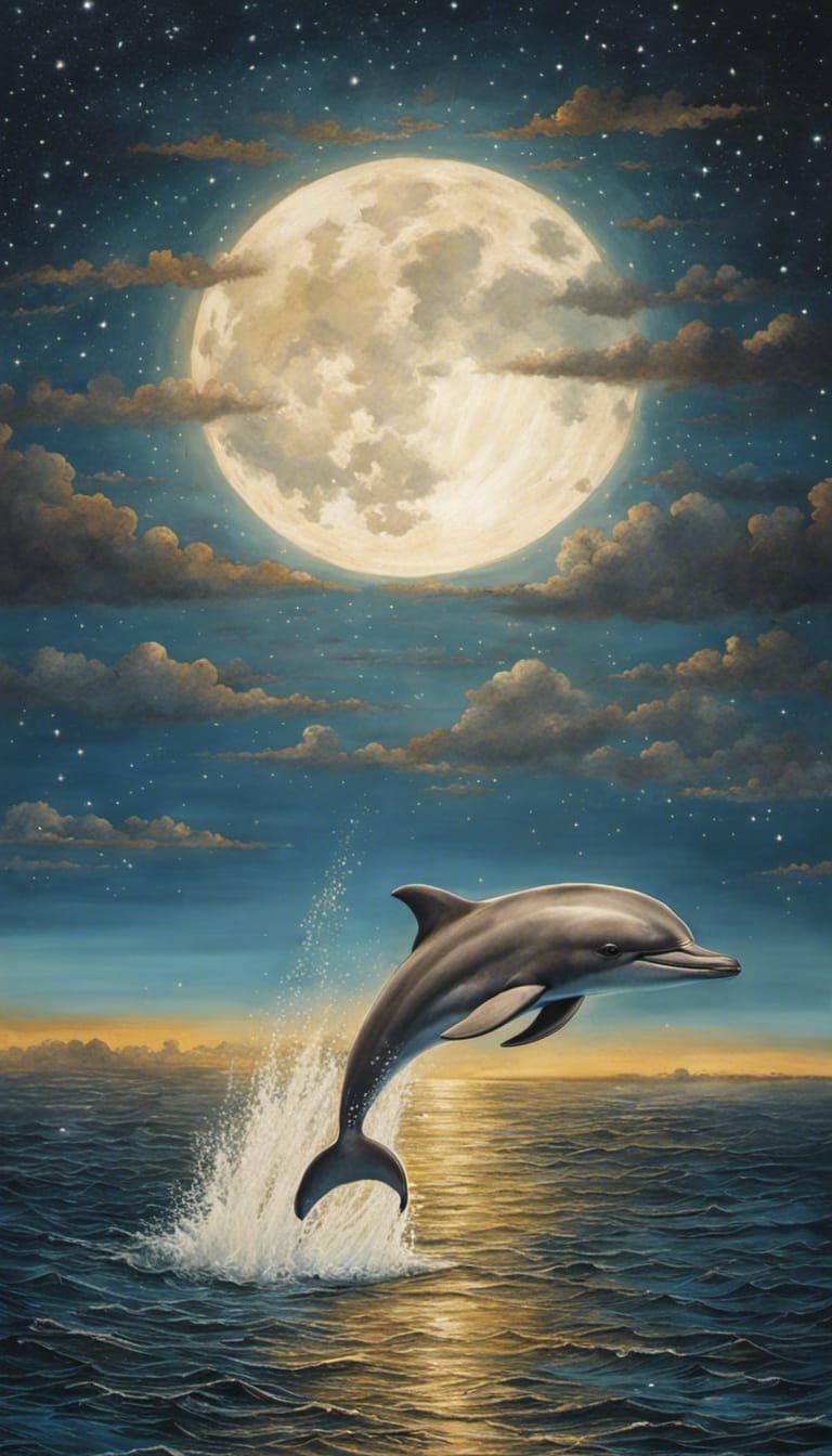 Dolphin jumping against full Moon