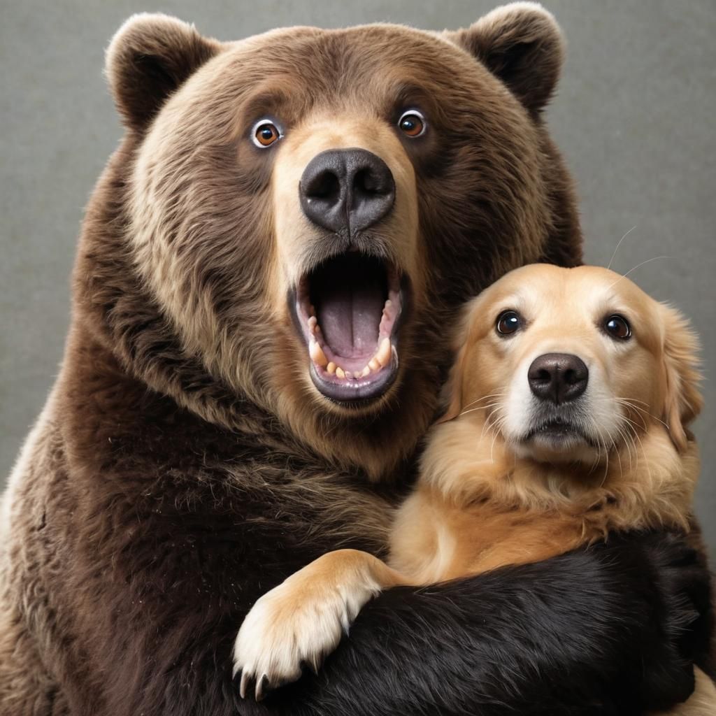 Surprised Grizzly Bear Hugs Golden Retriever