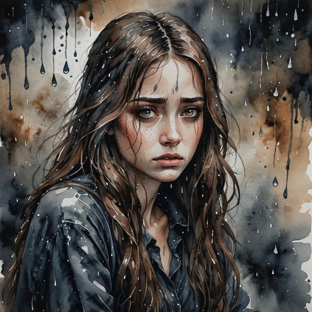Moody Watercolor of a Sad Girl in the Rain