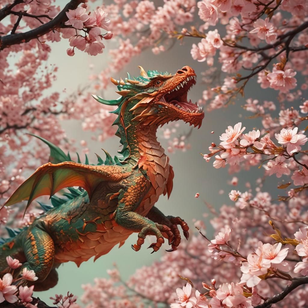 Cherry Dragon Splash Art in Hyperrealistic Style