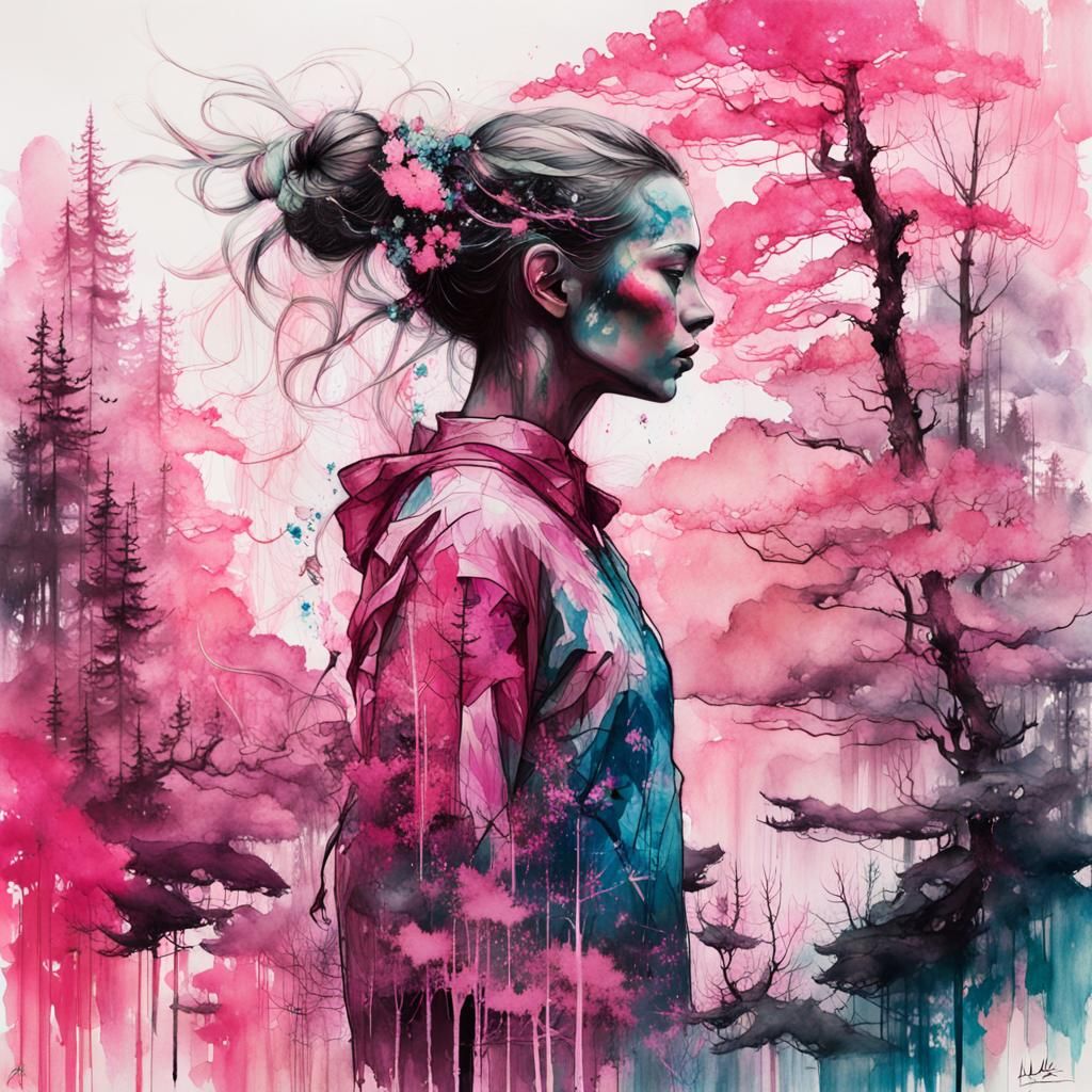 Pink Dancer in Spring Forest, Double Exposure Portrait