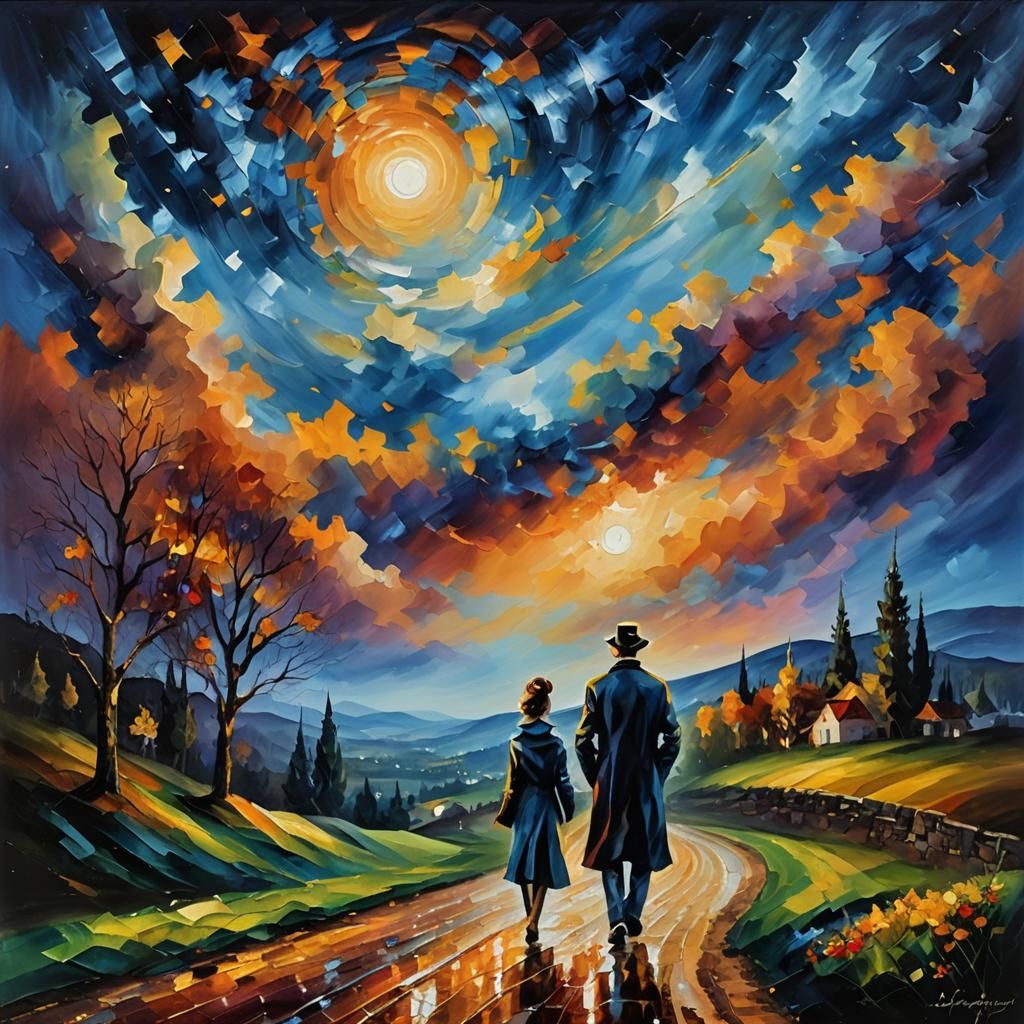 Starry Night Road: An Expressive Impasto Oil Painting