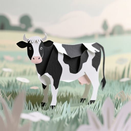 Whimsical Paper Cow in Monochrome Field