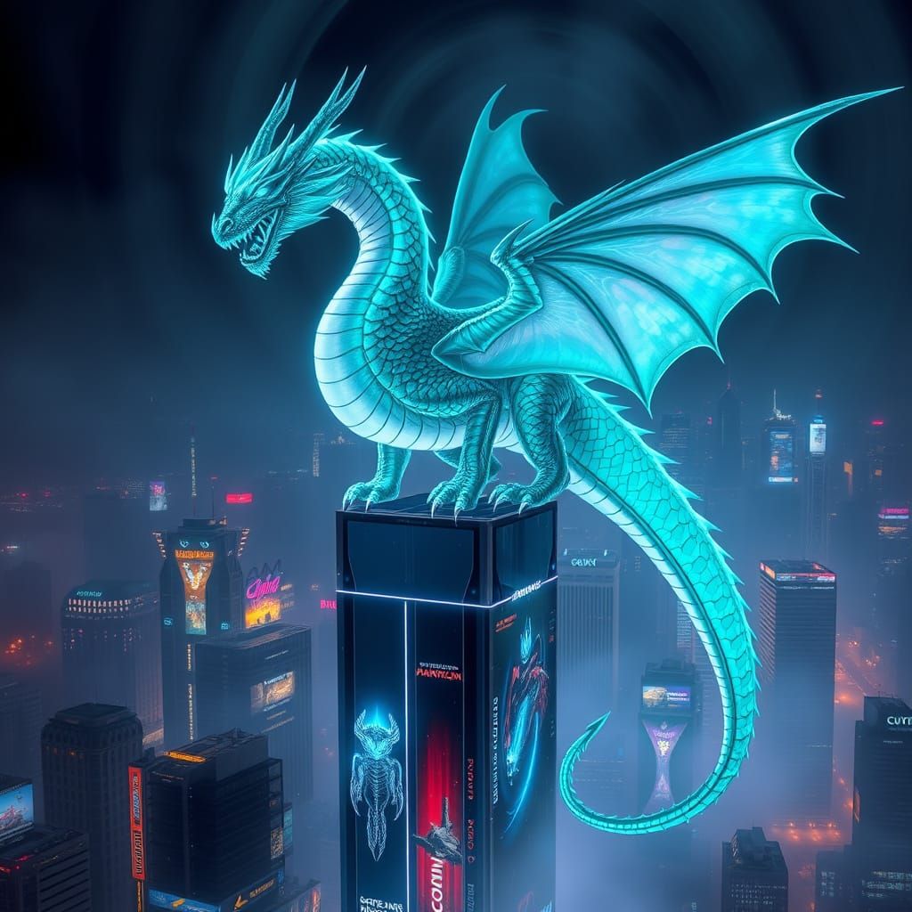 Cyberpunk Turquoise Dragon Scales Shimmer in Neon Cityscape