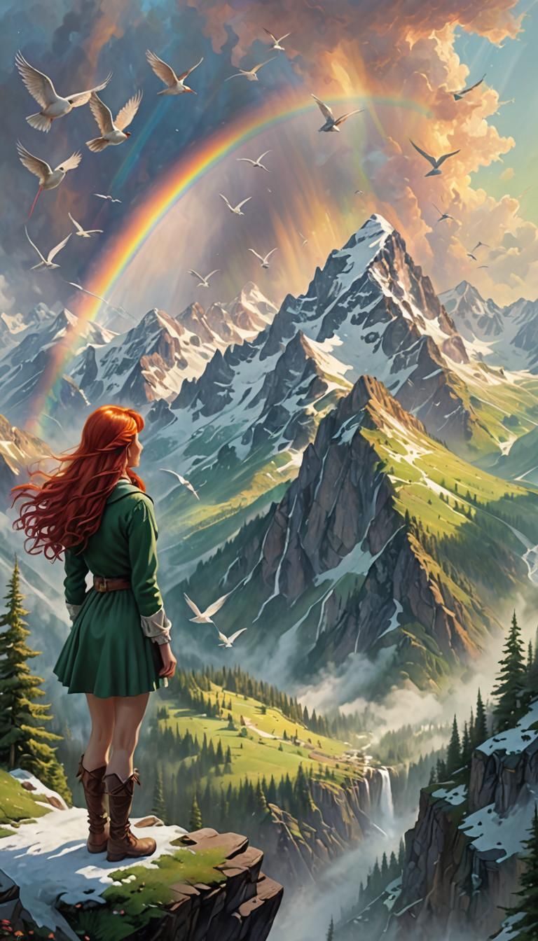 Fantasy Scene: Girl, Birds, and Snowy Mountains