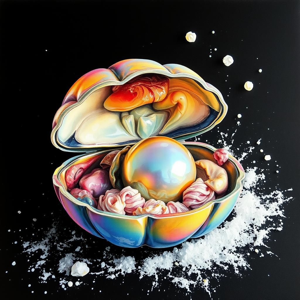 Iridescent Pearl in Clam Shell Watercolor Masterpiece