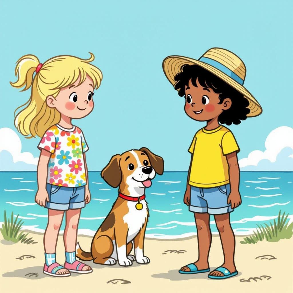 Girls and Dog at Seaside in Retro Style