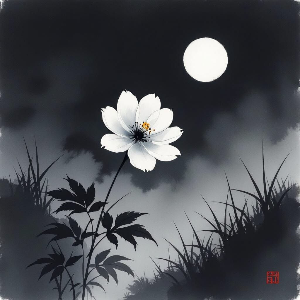 Delicate Flower Blooms in Sumi-e Style
