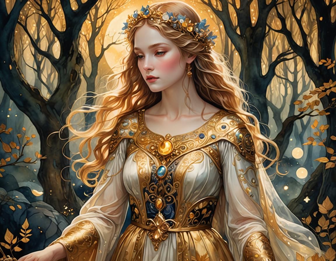 Enchanted Maiden in Dreamlike Klimt-Inspired Realm
