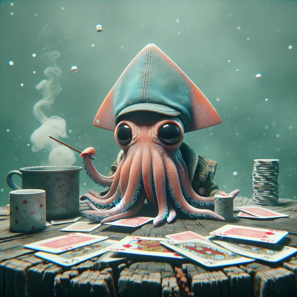 Adorable Squid Card Game: Hyperdetailed Digital Painting