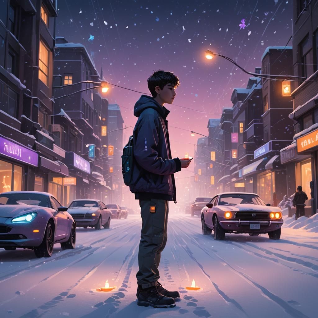 Boy with Candle on Snowy Futuristic Road