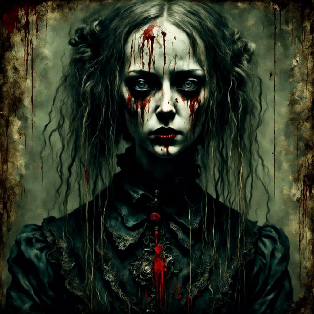 Creepy Gothic Doll with Red Tears: Macabre Art
