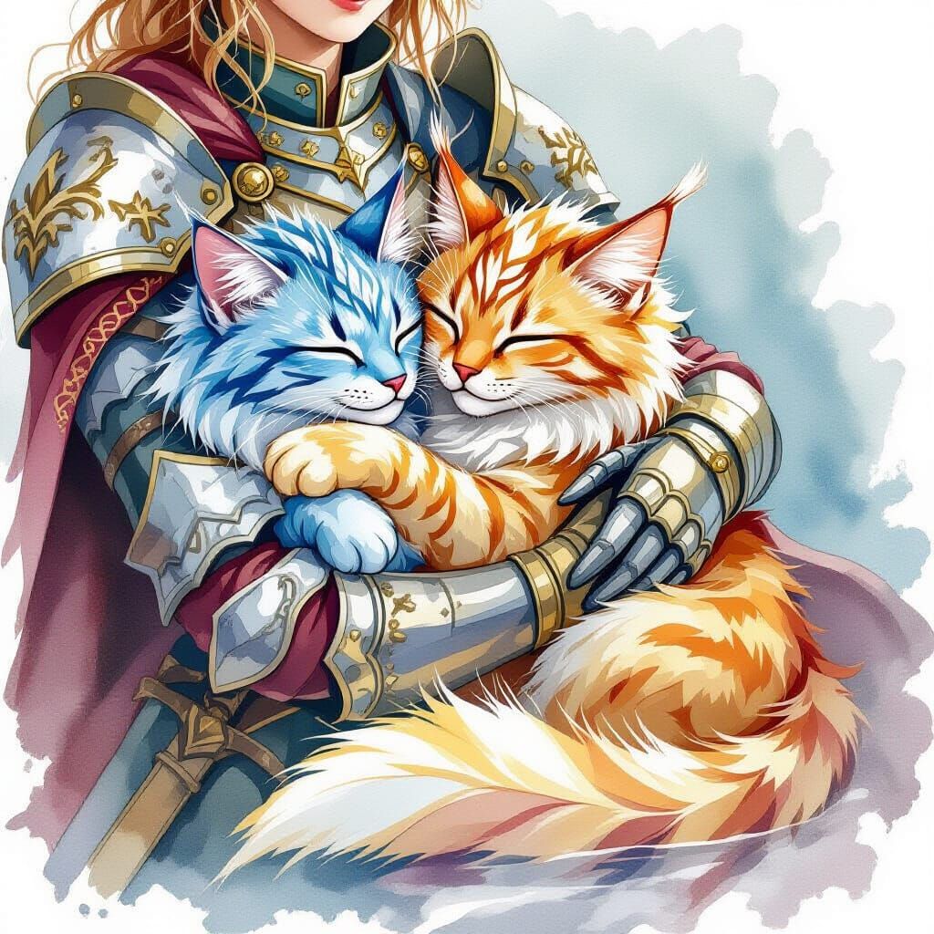 Feathered Dragon Cat Cuddles on Knight's Lap in Watercolor S...